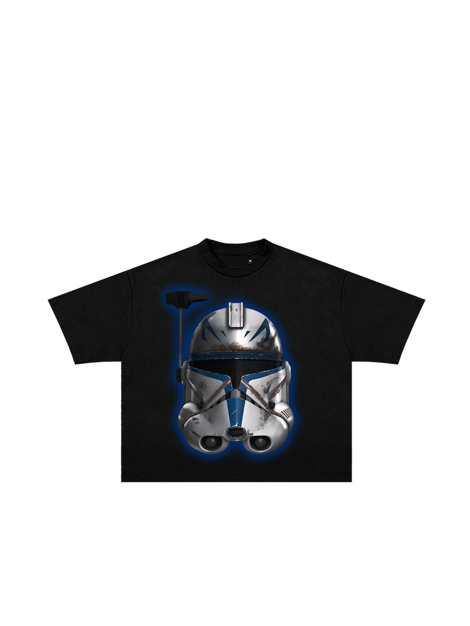 Main product image: "Black Captain Rex graphic t-shirt front view showing helmet design