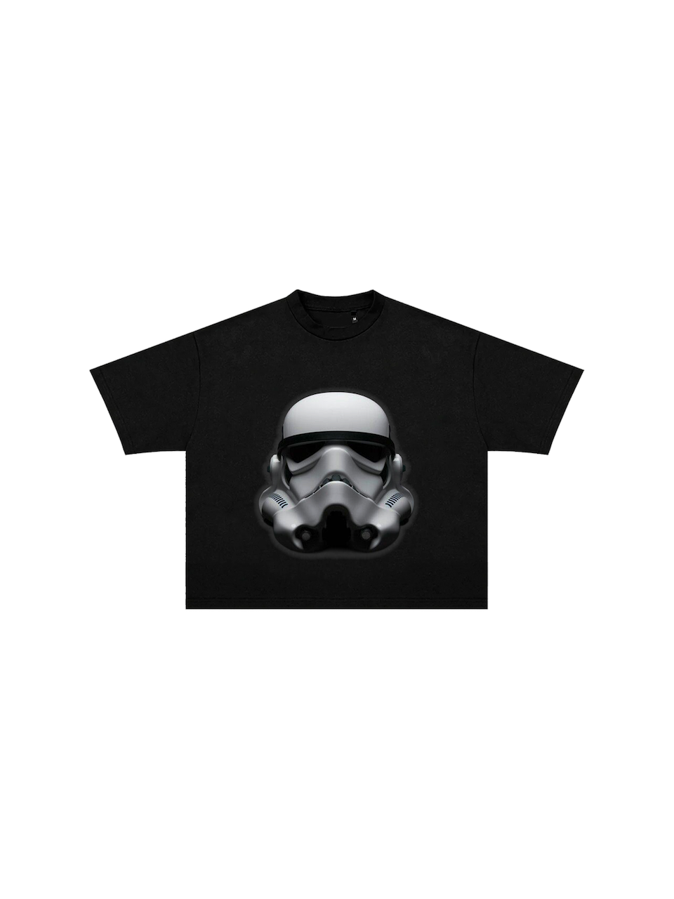 Black Stormtrooper graphic t-shirt front view showing helmet design
