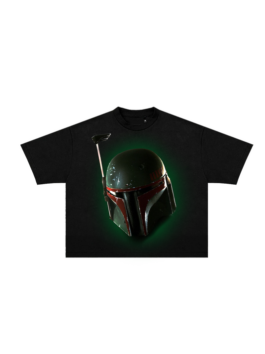 Black Boba Fett graphic t-shirt front view showing helmet design