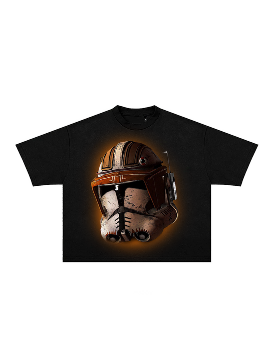 Black Commander Cody graphic t-shirt front view showing helmet design
