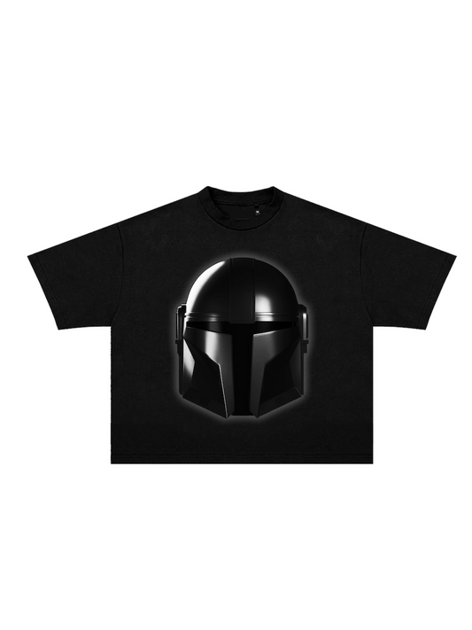Black Mandalorian graphic t-shirt front view showing helmet design
