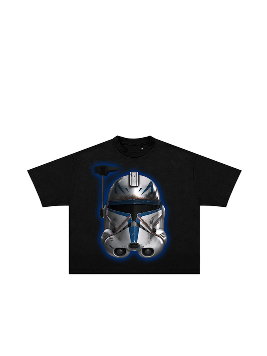 Main product image: "Black Captain Rex graphic t-shirt front view showing helmet design