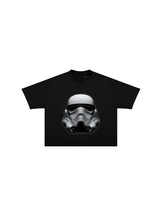 Black Stormtrooper graphic t-shirt front view showing helmet design
