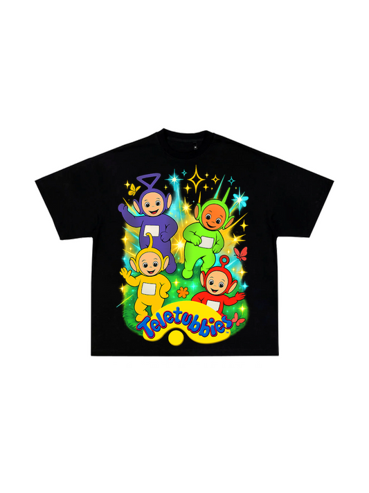 Black Teletubbies graphic t-shirt front view showing character design